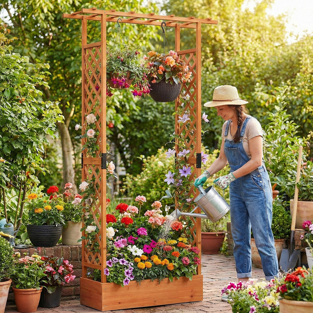 Wooden Raised Garden Bed with Trellis & Hanging Roof - 43 x 14 x 89 inch, Orange