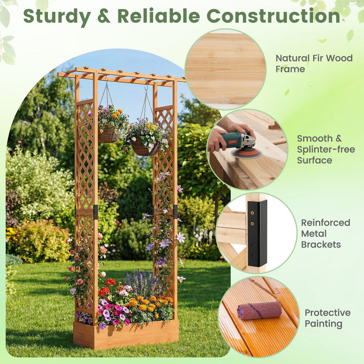 Wooden Raised Garden Bed with Trellis & Hanging Roof - 43 x 14 x 89 inch, Orange
