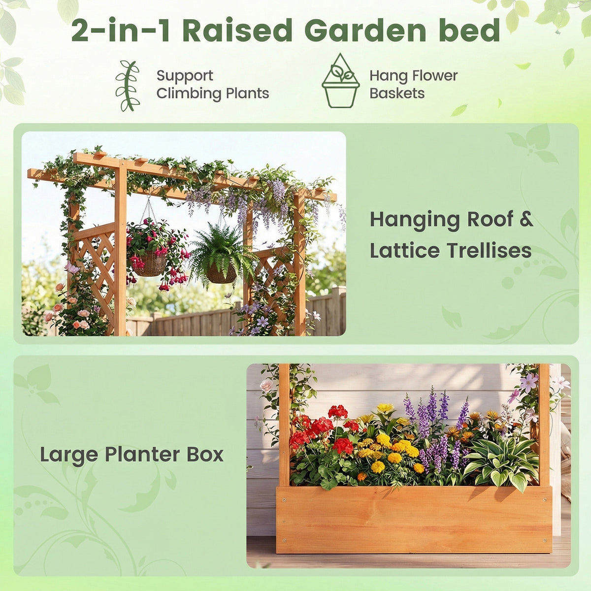 Wooden Raised Garden Bed with Trellis & Hanging Roof - 43 x 14 x 89 inch, Orange