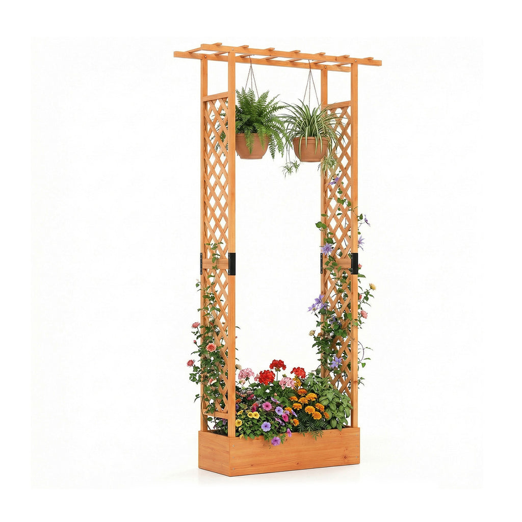 Wooden Raised Garden Bed with Trellis & Hanging Roof - 43 x 14 x 89 inch, Orange