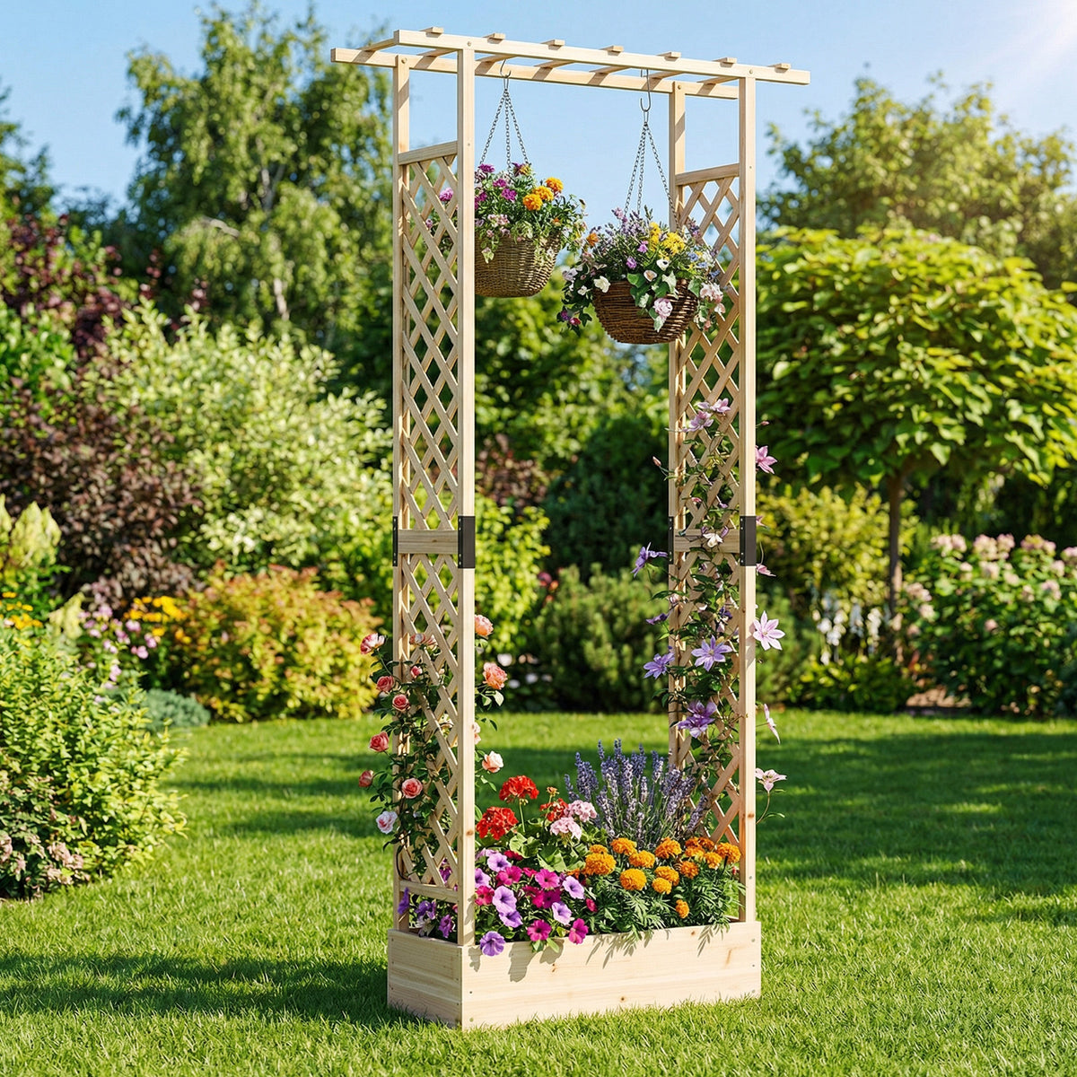 Wooden Raised Garden Bed with Trellis & Hanging Roof - 43 x 14 x 89 inch, Orange