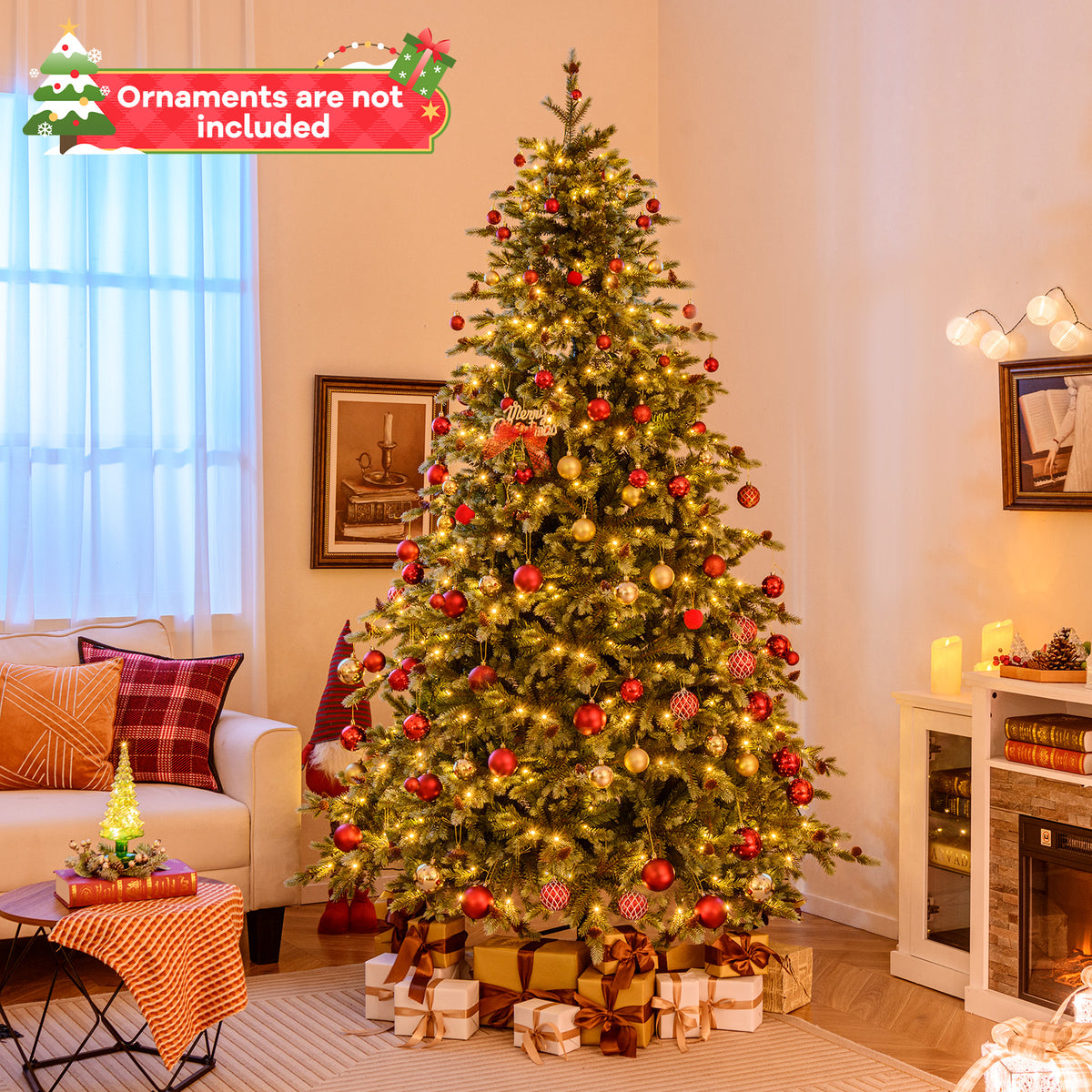 6 Ft Christmas Tree with Warm White LED Lights & Pine Cones - Costway
