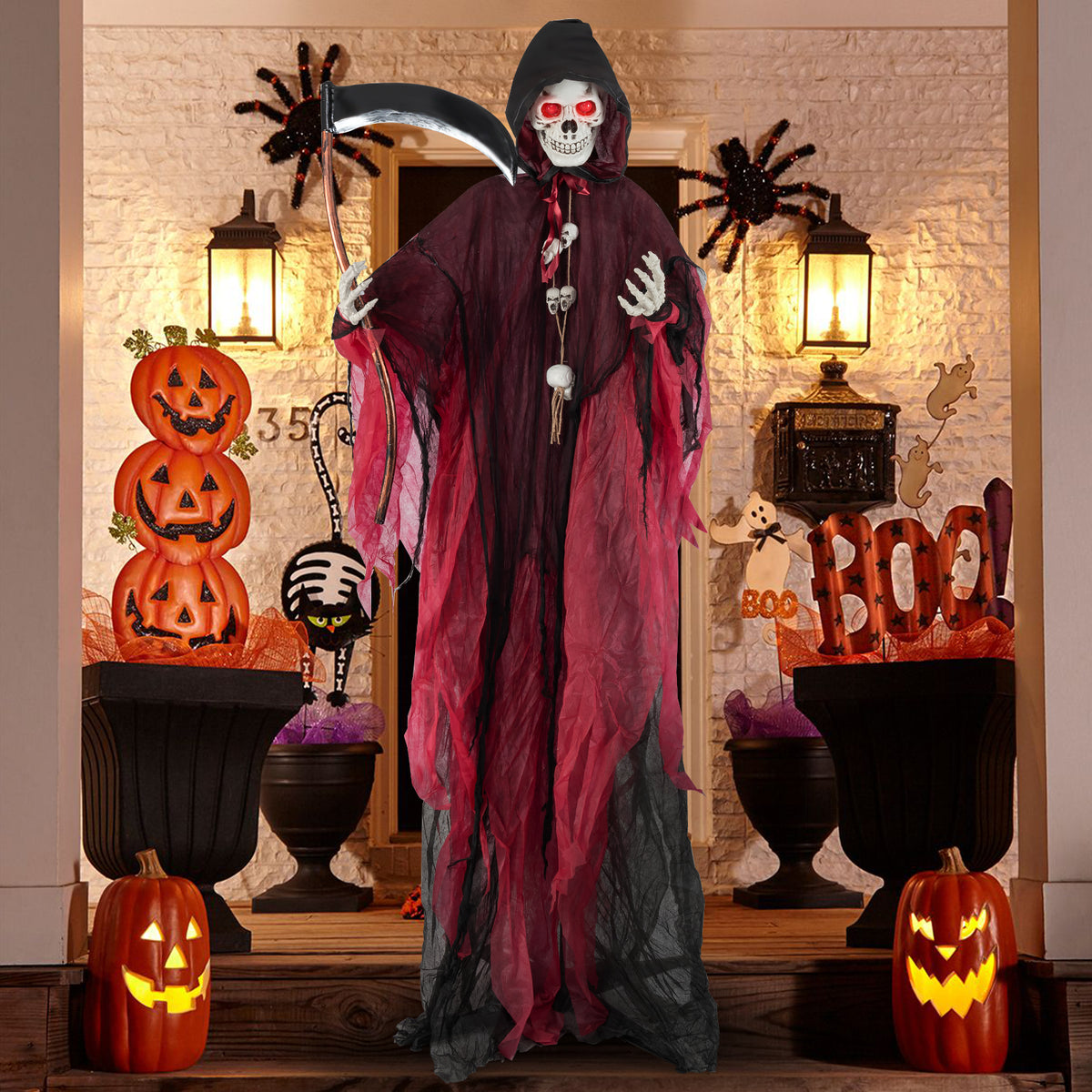 8 Ft Halloween Grim Reaper with Lighted Eyes and Terrifying Sounds - Skeleton Ghost Variation