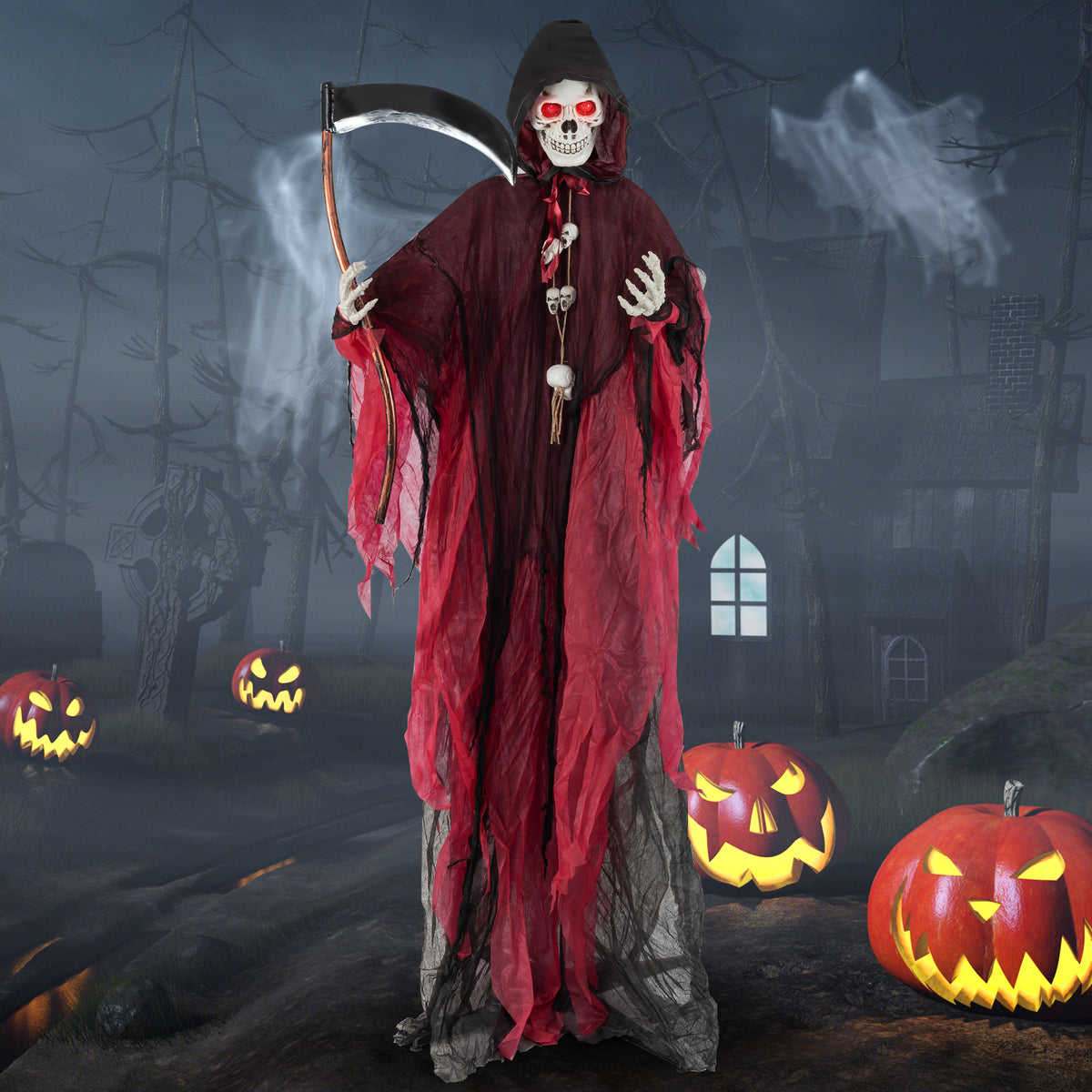 8 Ft Halloween Grim Reaper with Lighted Eyes and Terrifying Sounds - Skeleton Ghost Variation