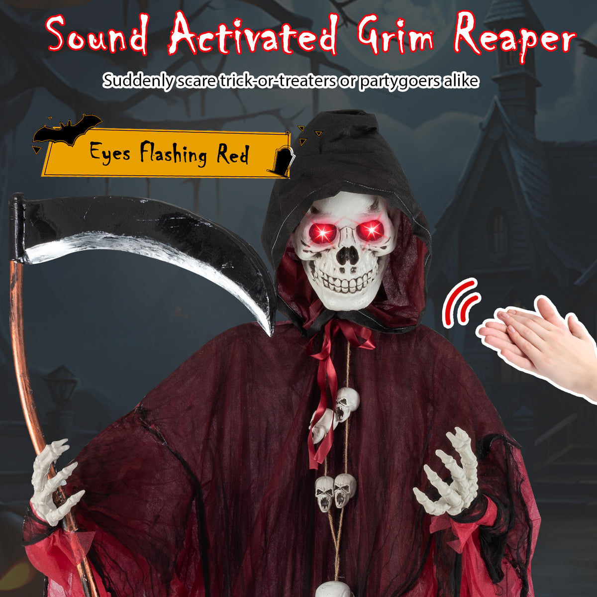 8 Ft Halloween Grim Reaper with Lighted Eyes and Terrifying Sounds - Skeleton Ghost Variation