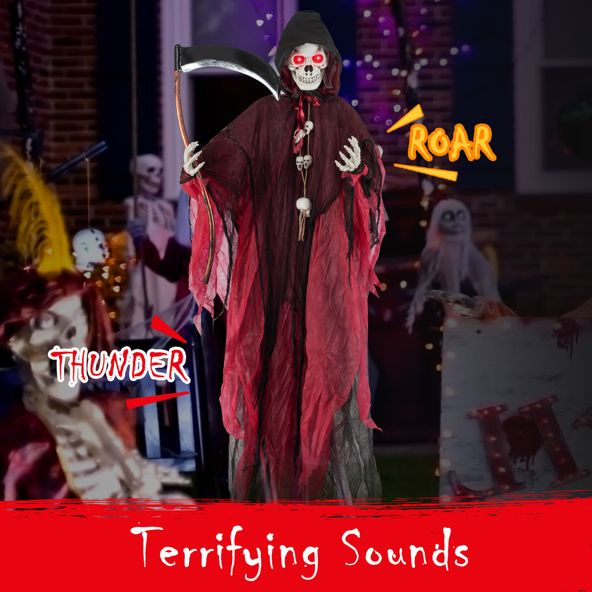 8 Ft Halloween Grim Reaper with Lighted Eyes and Terrifying Sounds - Skeleton Ghost Variation