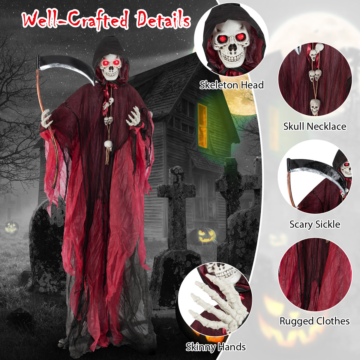 8 Ft Halloween Grim Reaper with Lighted Eyes and Terrifying Sounds - Skeleton Ghost Variation
