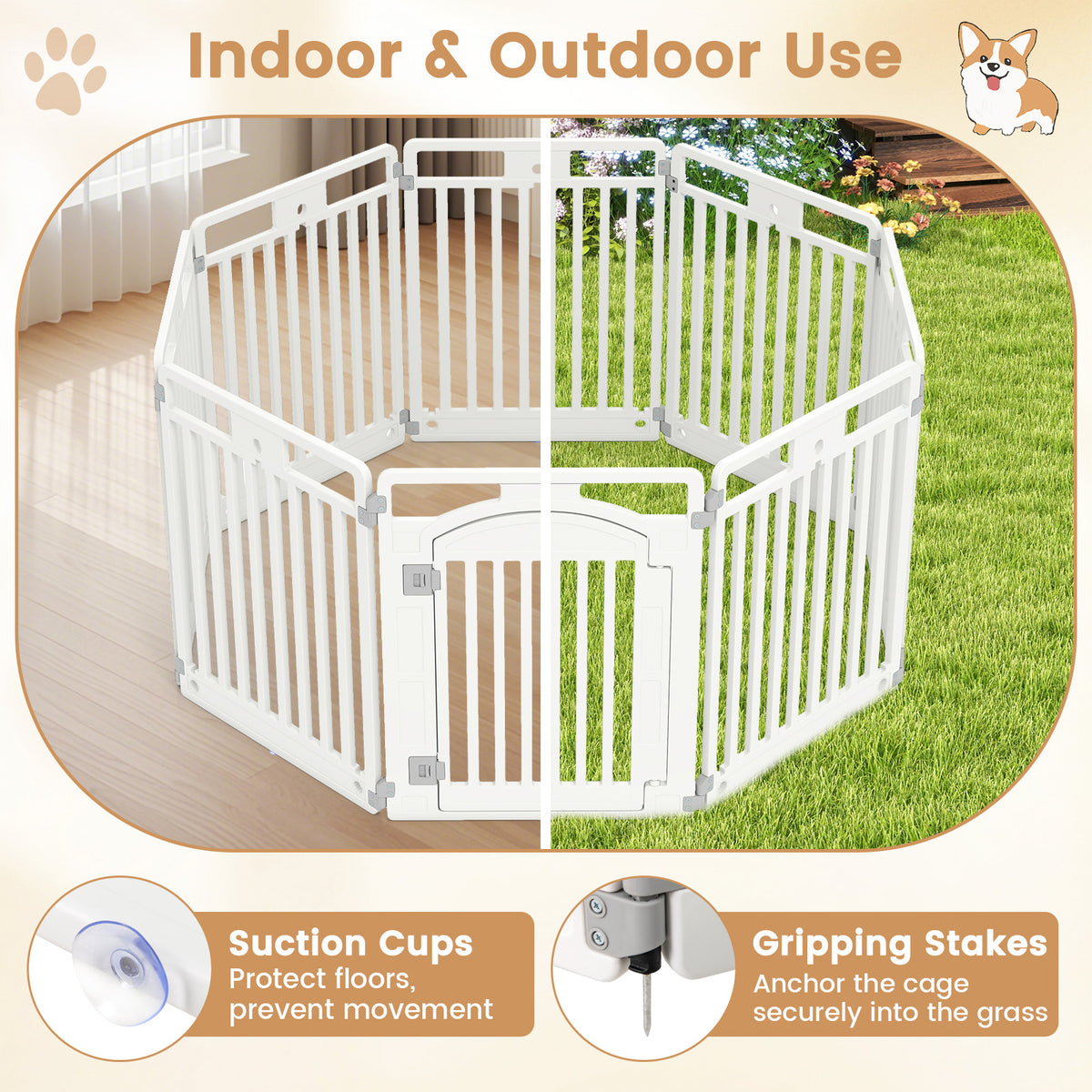 32 Inch Tall Plastic Dog Fence Pen with Locking Door - Indoor Outdoor Puppy Enclosure, 8 Panels, White