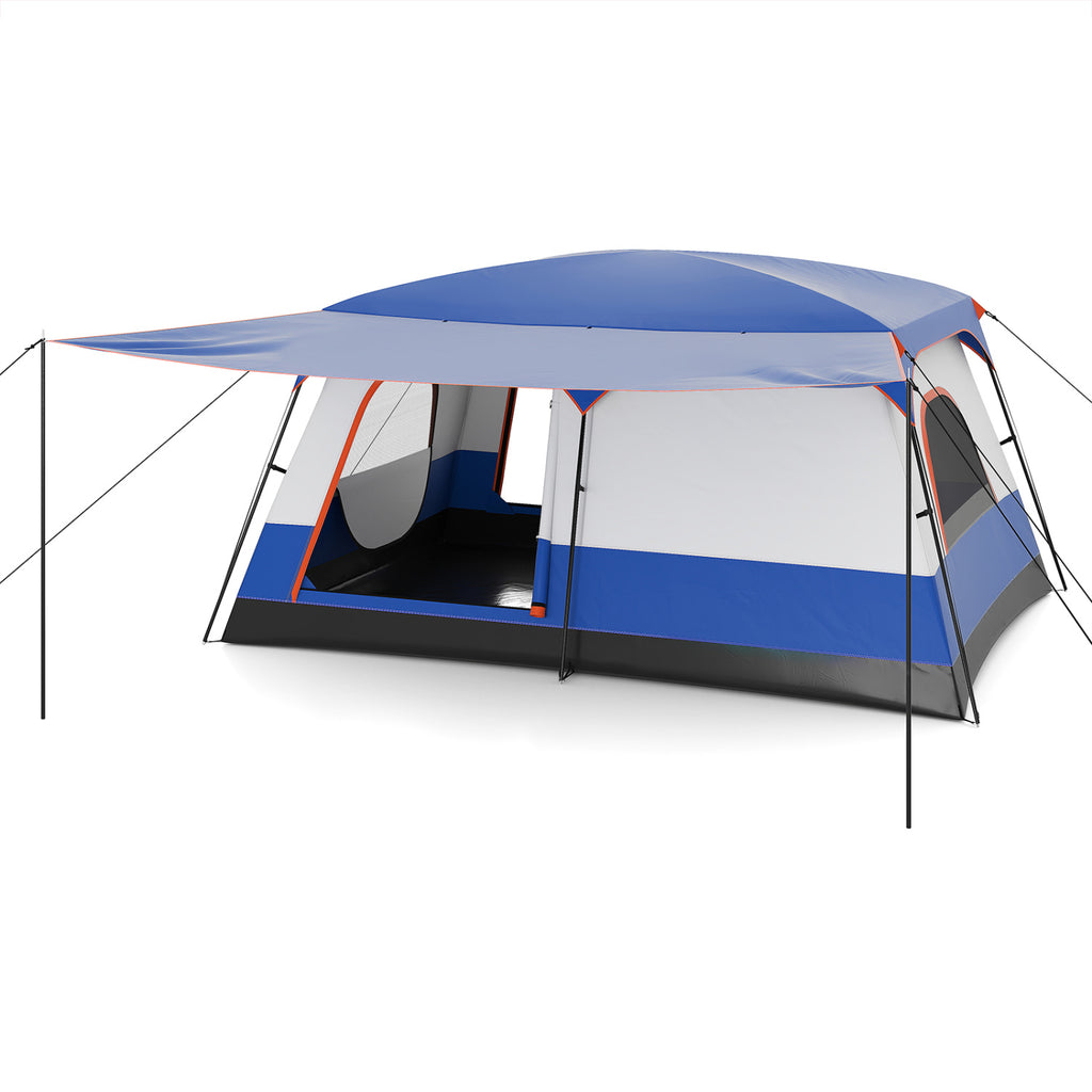 8-10 Person Camping Tent with Double Rooms and Porch - Green