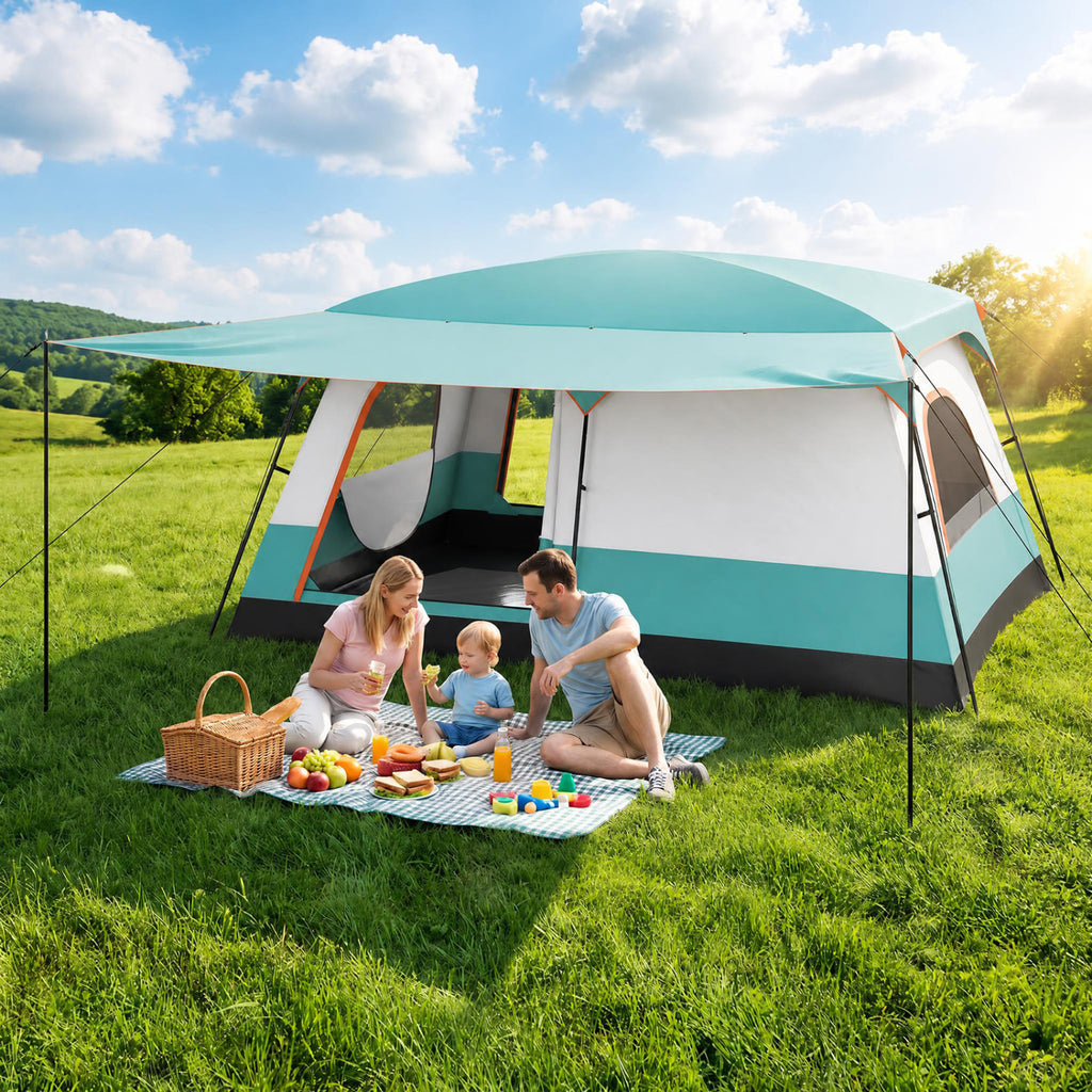 8-10 Person Camping Tent with Double Rooms and Porch - Green
