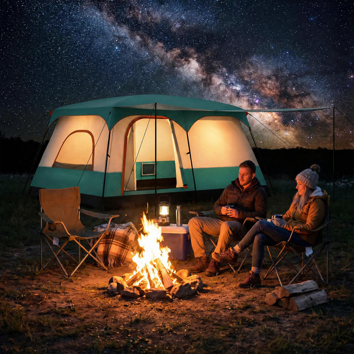 8-10 Person Camping Tent with Double Rooms and Porch - Green