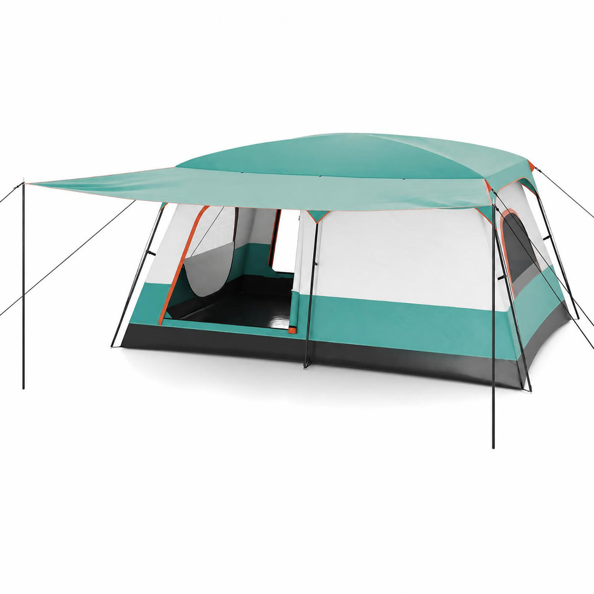 8-10 Person Camping Tent with Double Rooms and Porch - Green