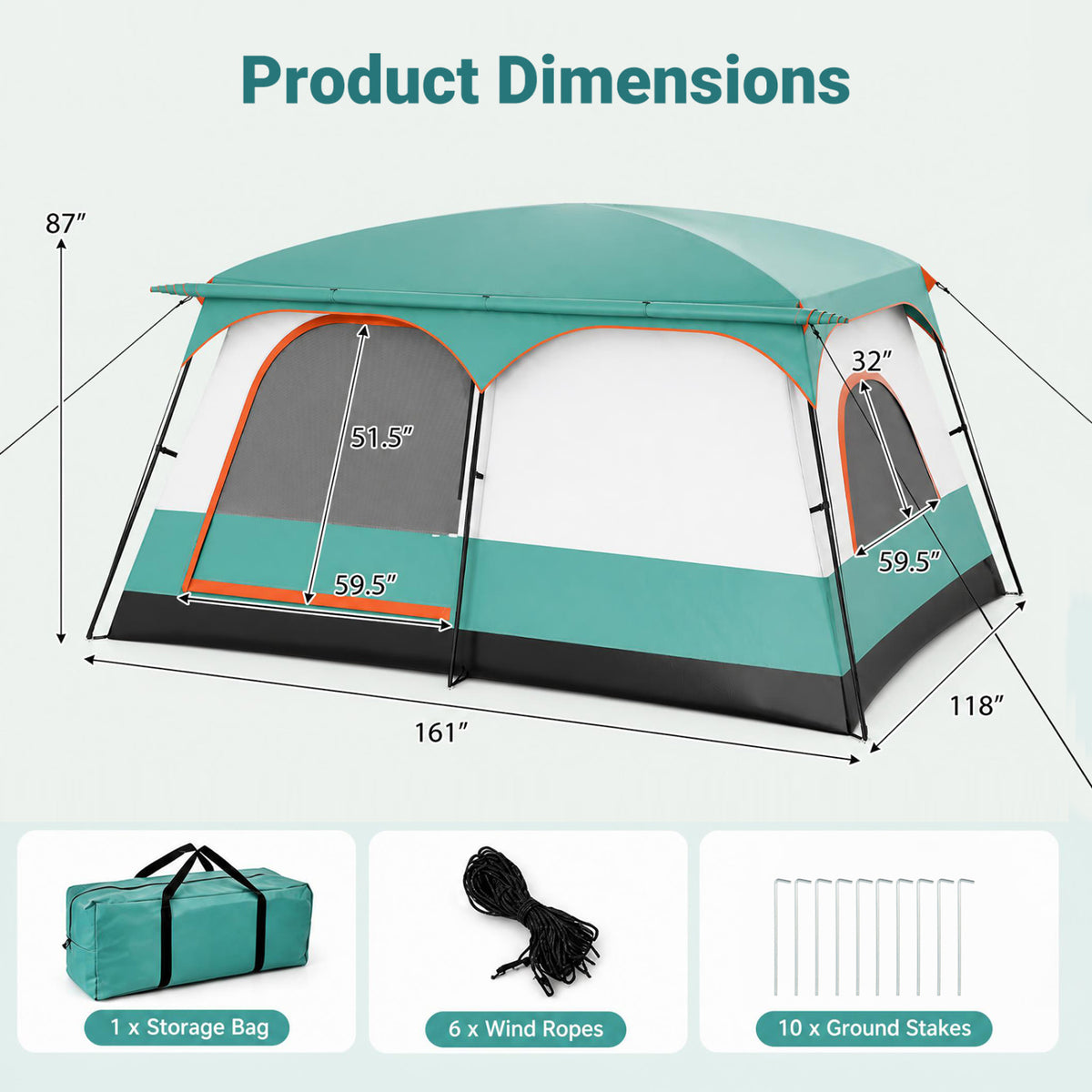 8-10 Person Camping Tent with Double Rooms and Porch - Green