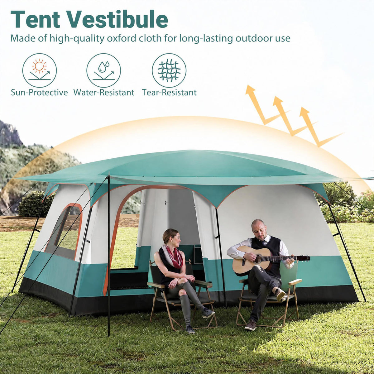 8-10 Person Camping Tent with Double Rooms and Porch - Green