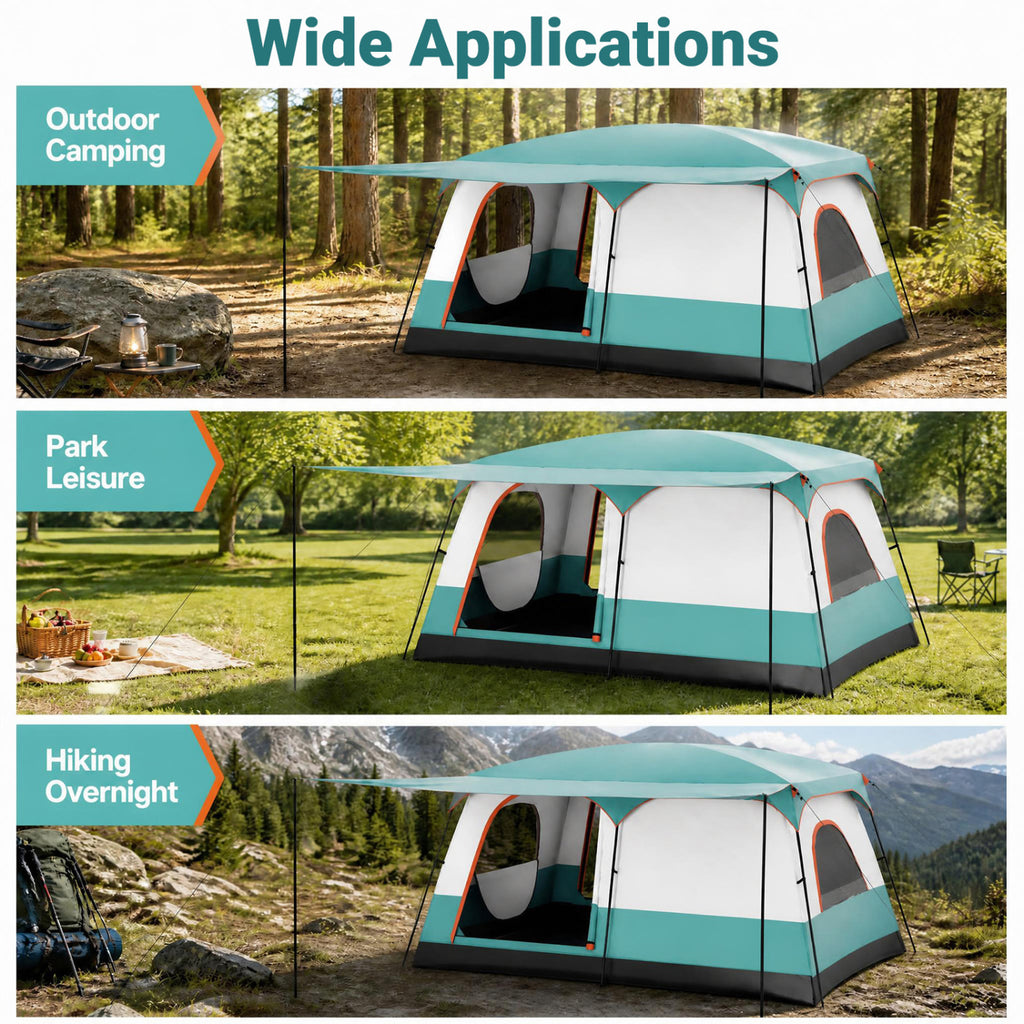 8-10 Person Camping Tent with Double Rooms and Porch - Green