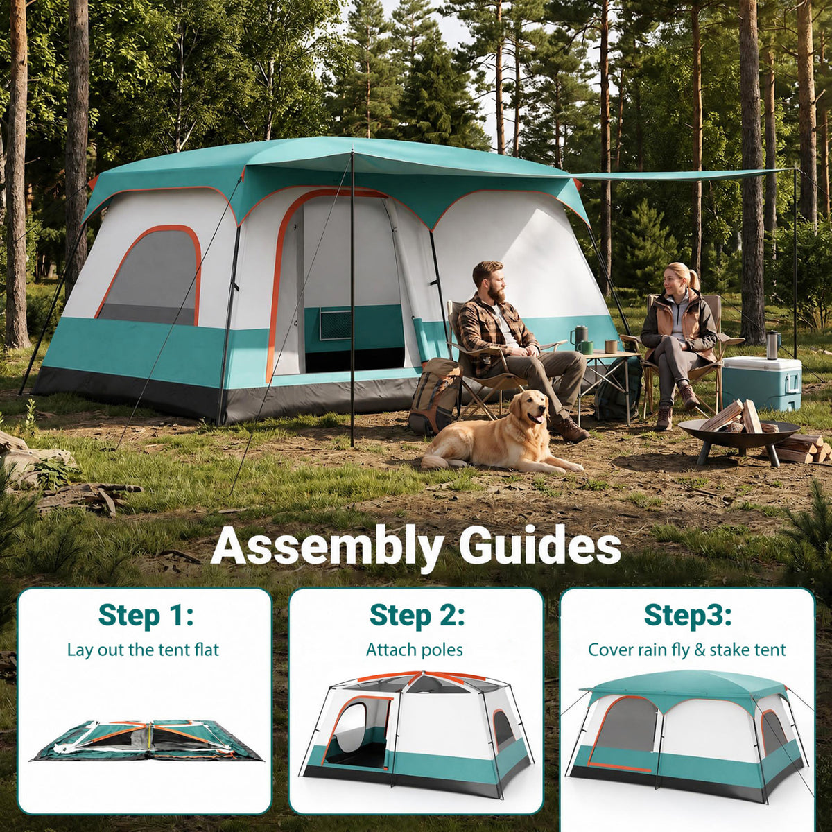 8-10 Person Camping Tent with Double Rooms and Porch - Green