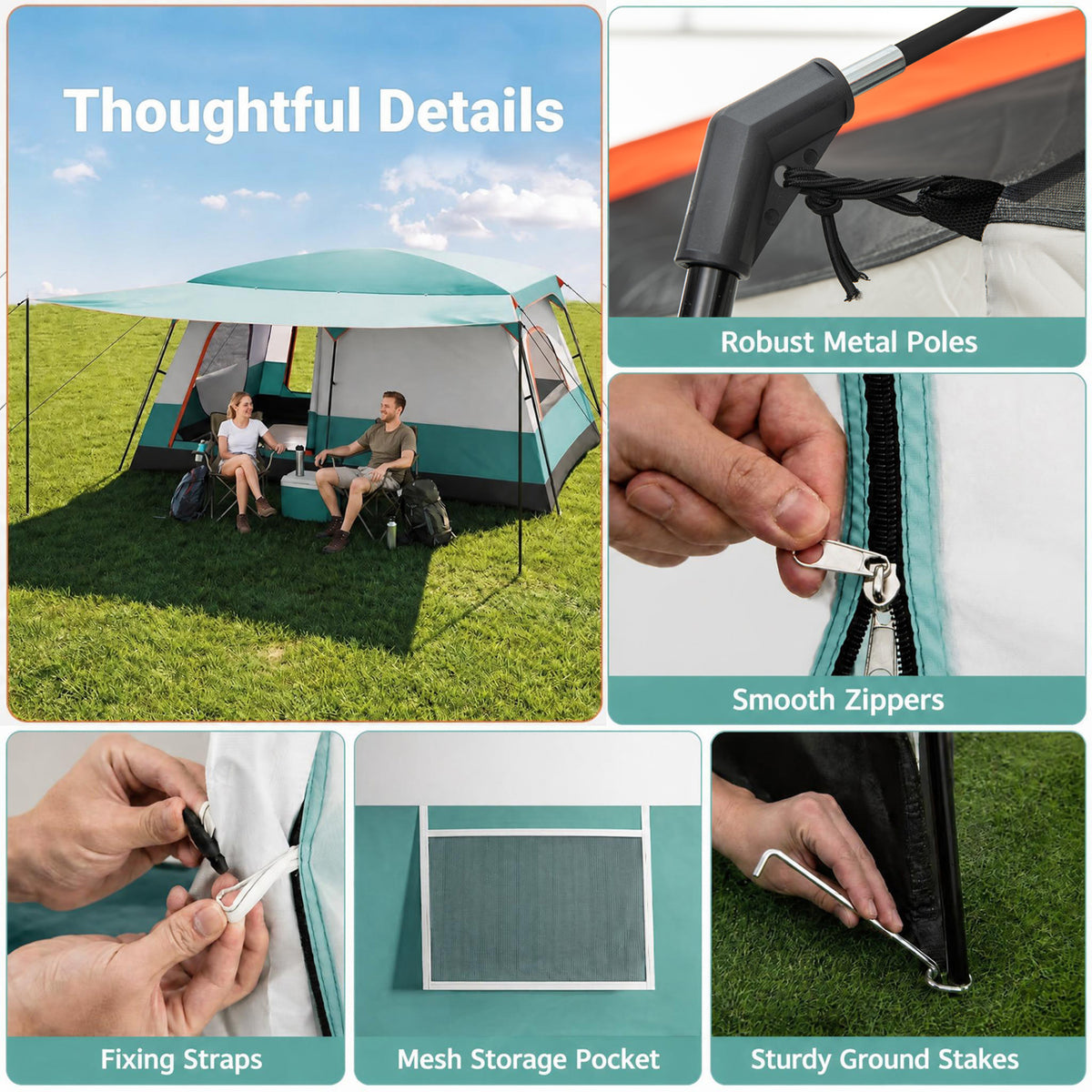 8-10 Person Camping Tent with Double Rooms and Porch - Green