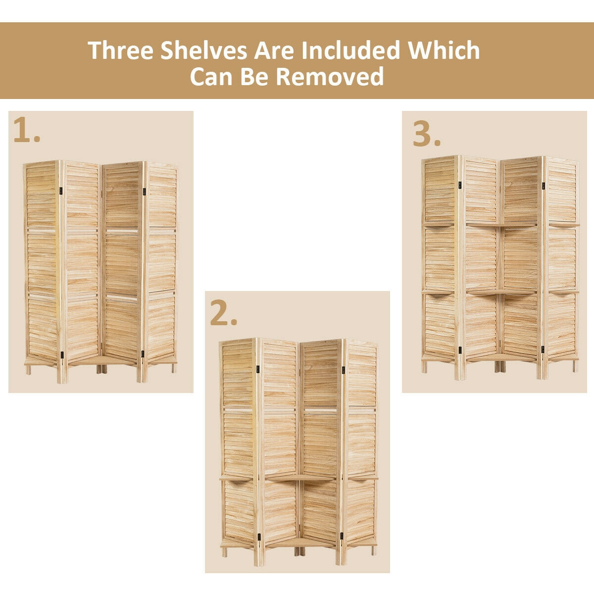 Brown 4 Panel Freestanding Room Divider with Shelves - Folding Privacy Screen