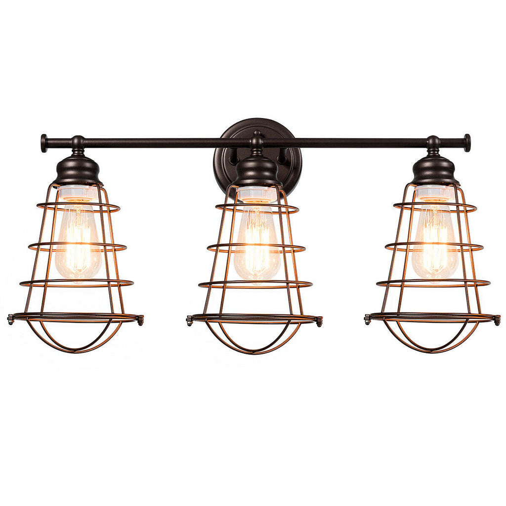 3-Light Bathroom Vanity Lamp Fixture with Metal Wire Cage - Retro Industrial Style