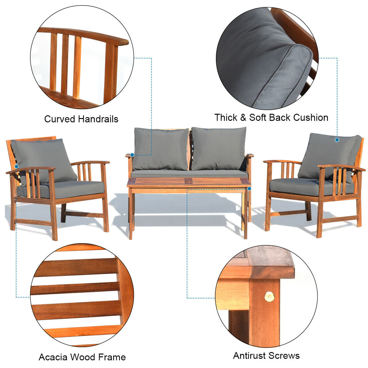 4-Piece Wooden Patio Sofa Set with Cushions - Gray