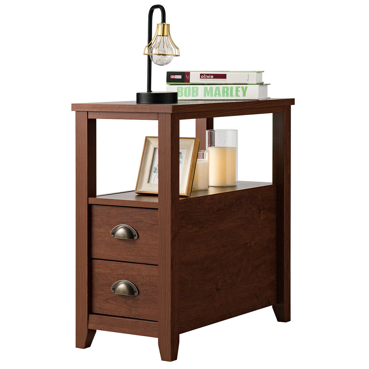 Rectangular Nightstand with 2 Drawers & Shelf, Brown