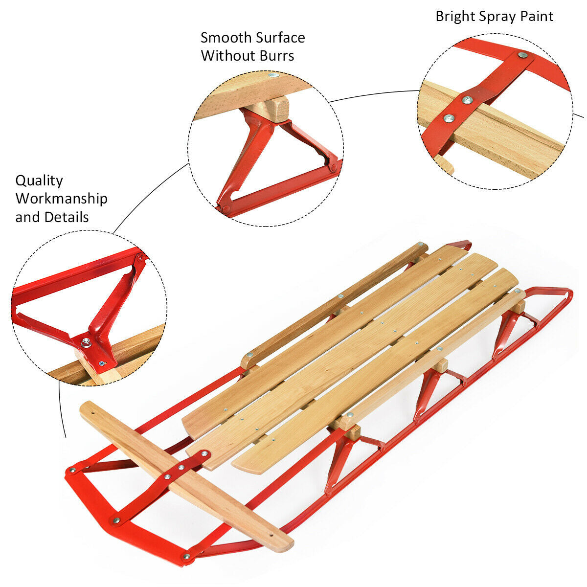 Red 54 Inch Wooden Snow Sled with Metal Runners & Steering Bar - Kids & Adults