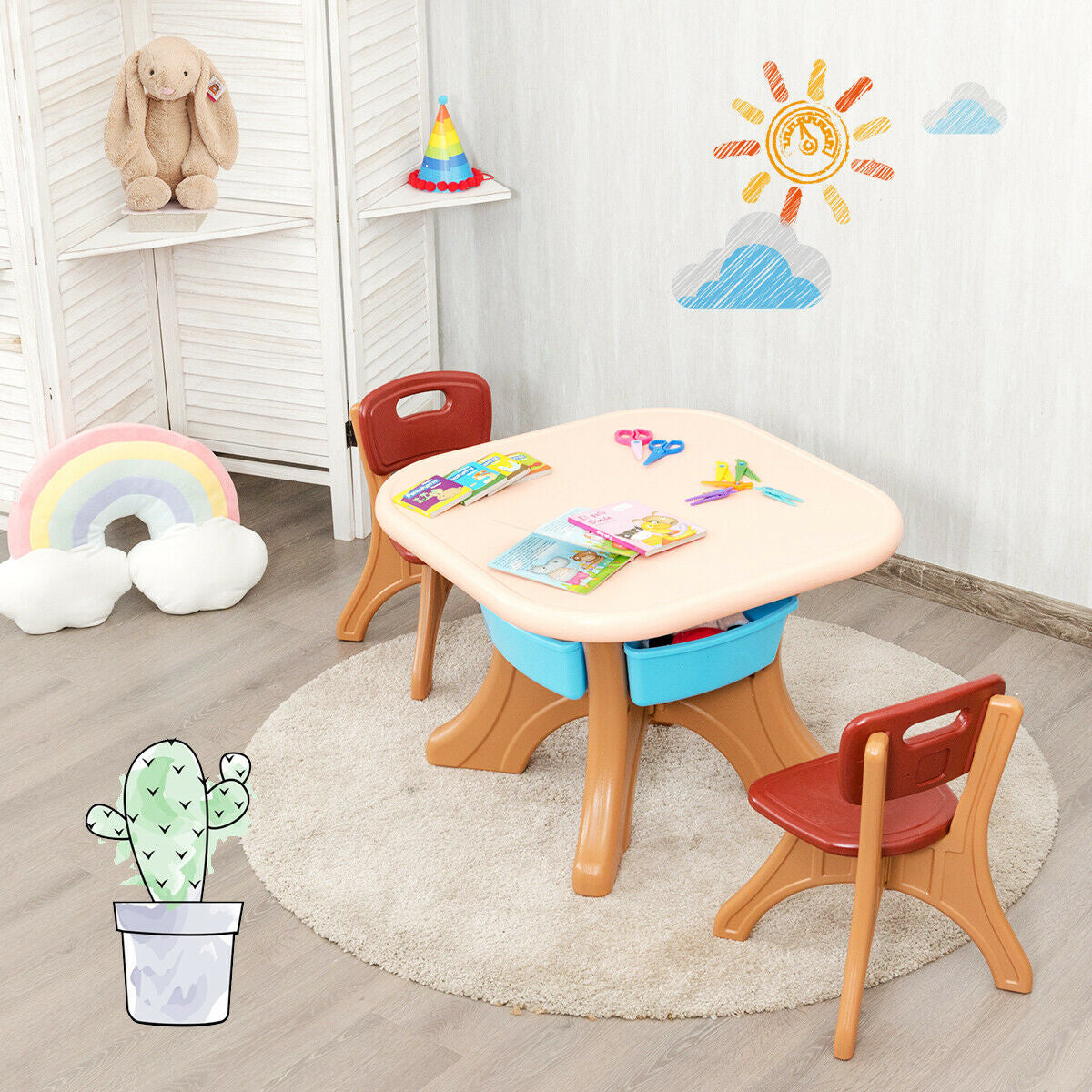 Kids Activity Table and Chair Set with Storage - Brown, Durable Plastic