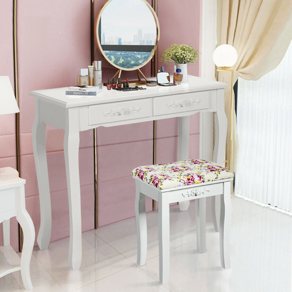 Vanity Wood Dressing Stool with Rose Cushion - White