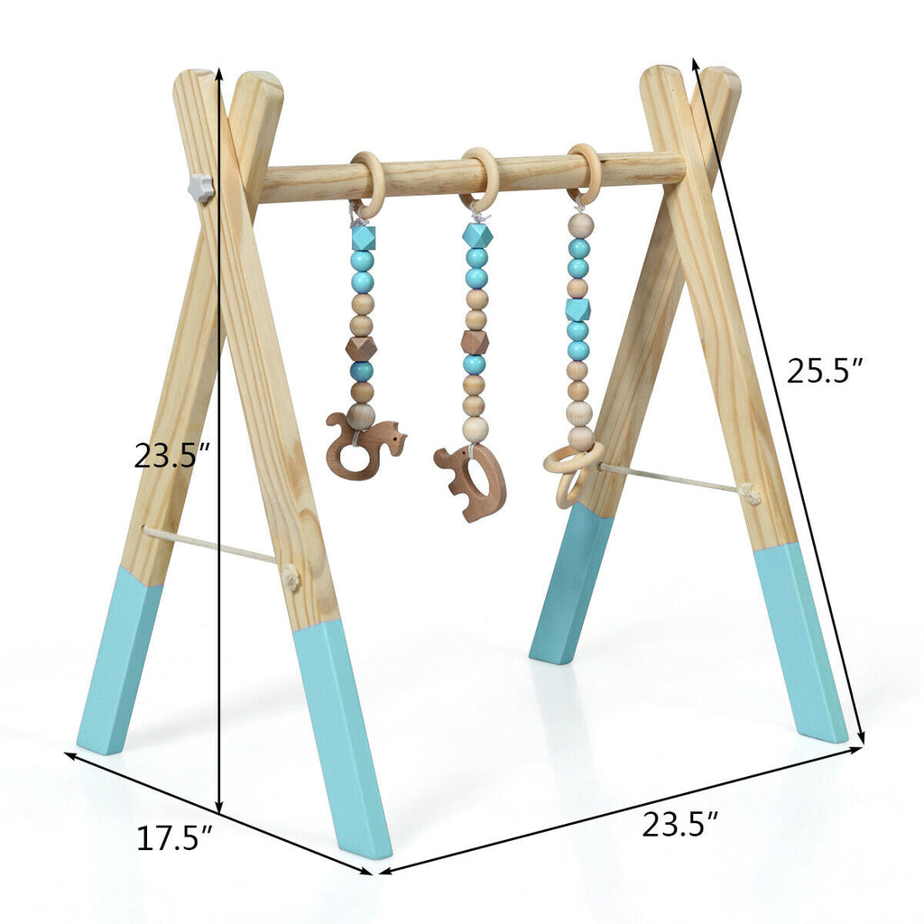 Wooden Baby Play Center with 3 Hanging Toys - Blue, Foldable & Easy to Disassemble