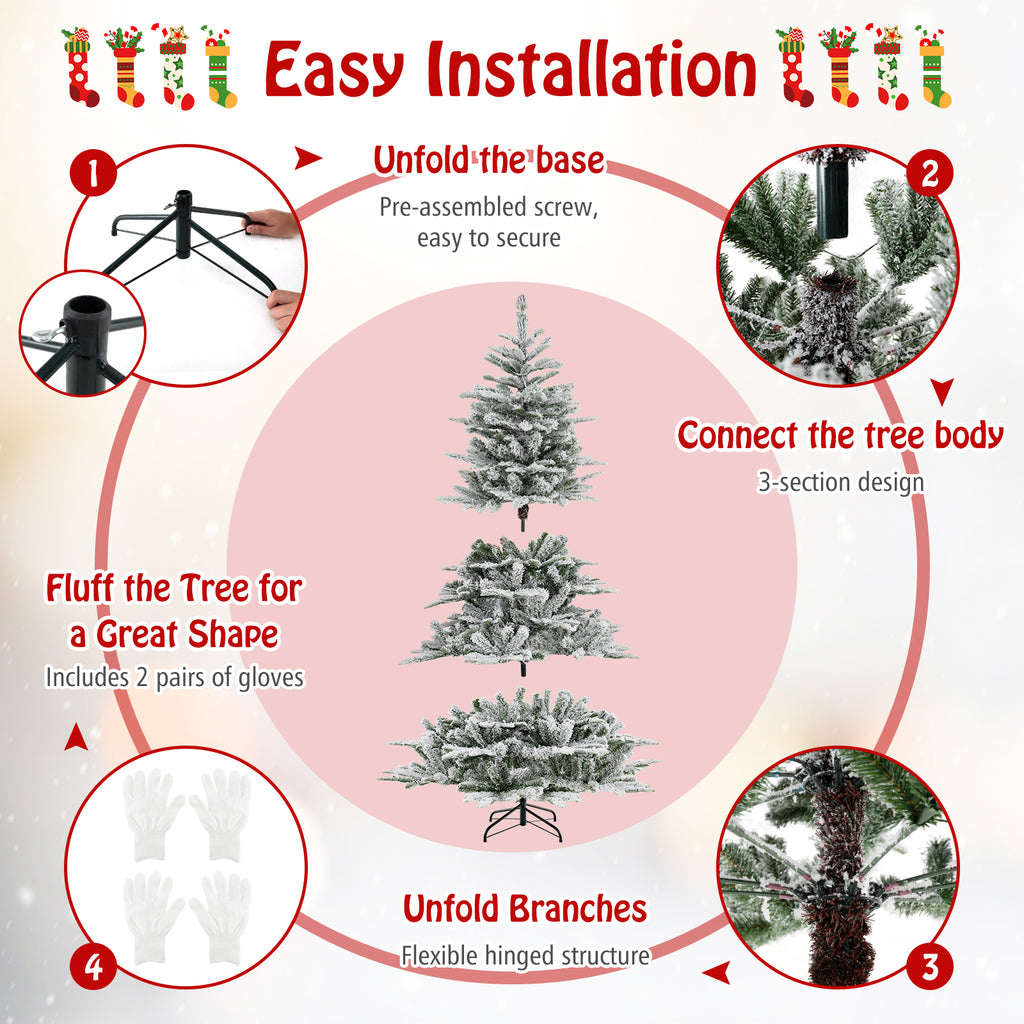 6 Ft Snow Flocked Artificial Christmas Tree with Cool White LED Lights - Full Tips