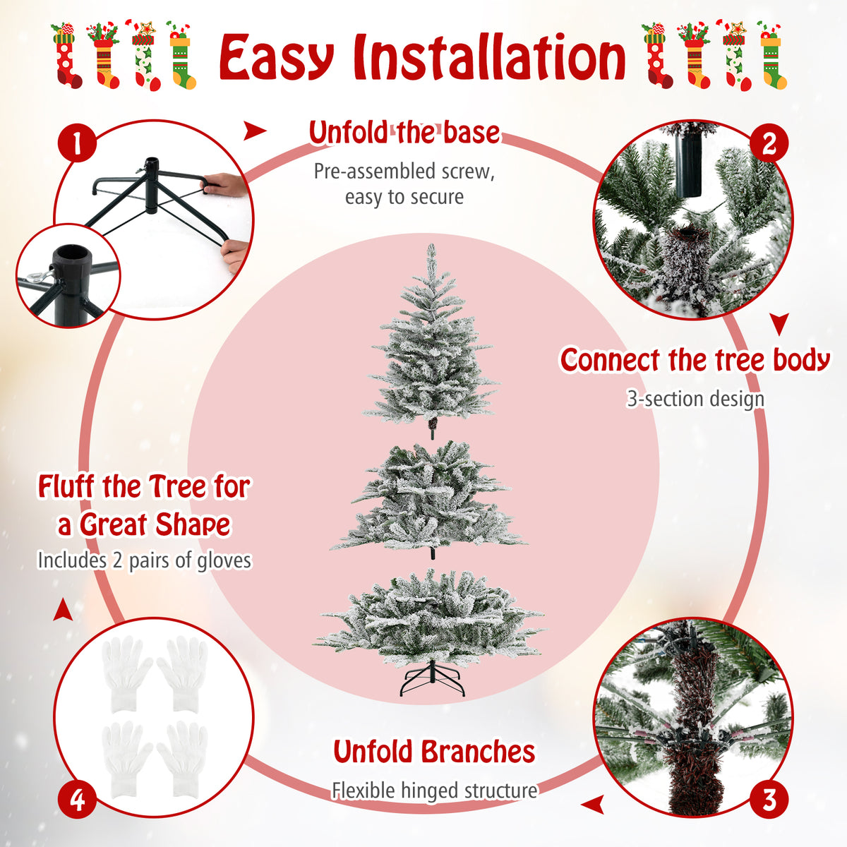 6 Ft Snow Flocked Artificial Christmas Tree with Cool White LED Lights - Full Tips