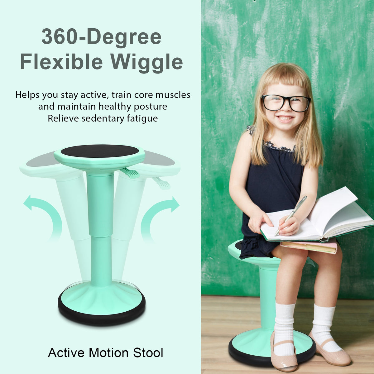 Adjustable-Height Wobble Stool for Kids, Green - Active Learning Chair