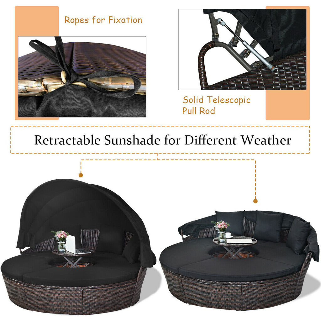 Patio Round Rattan Daybed with Retractable Canopy and Height