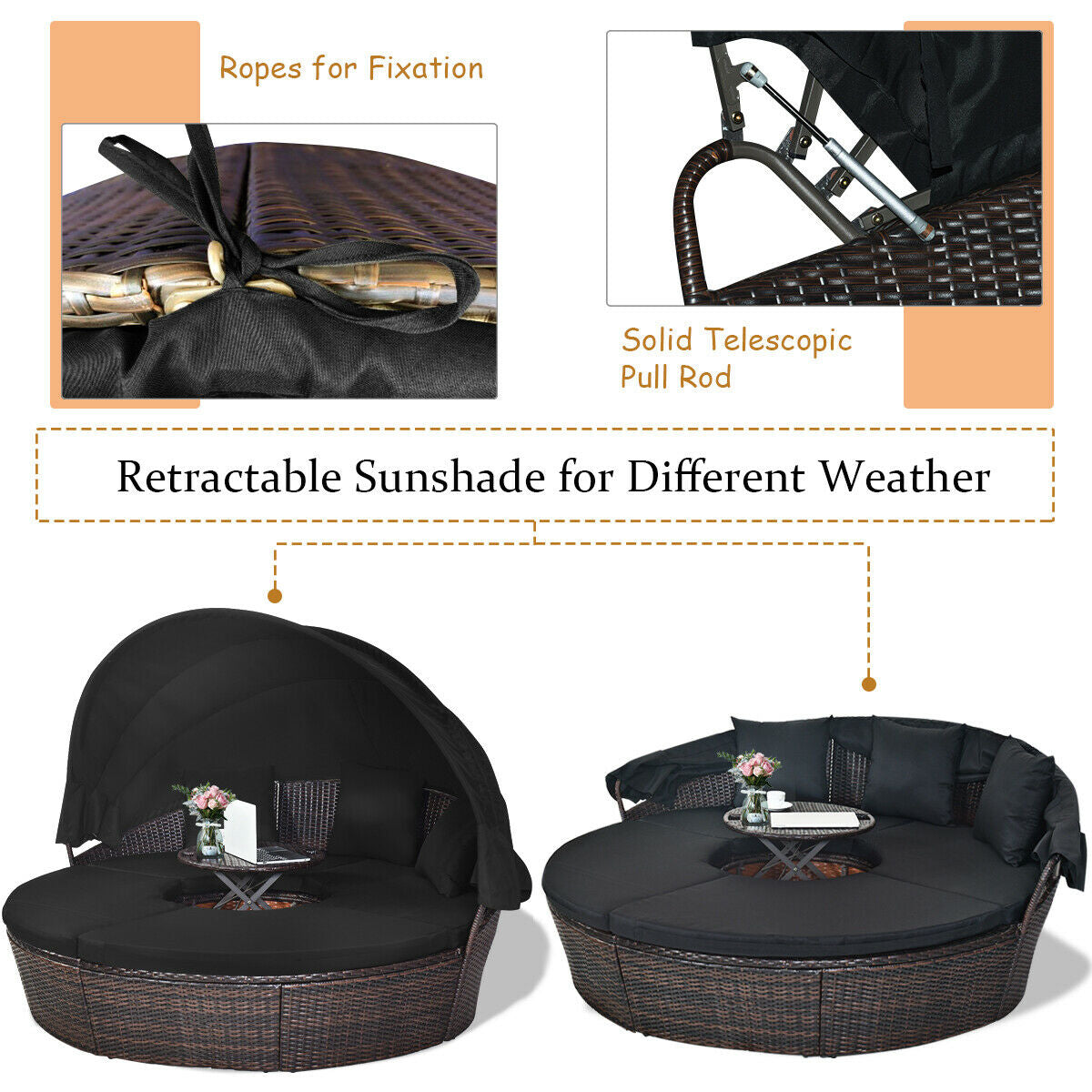 Patio Round Rattan Daybed with Retractable Canopy and Height