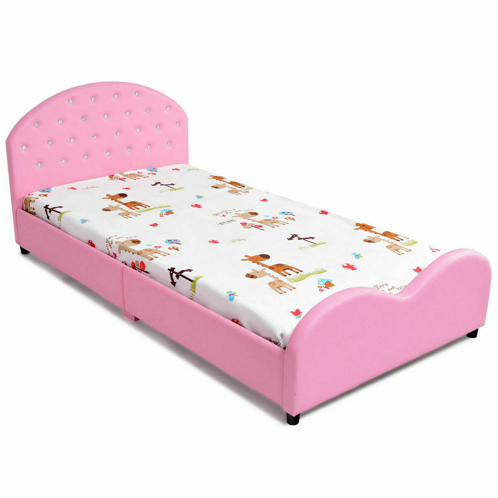 Twin Size Upholstered Toddler Bed with Wood Slat Support and Diamonds Variation