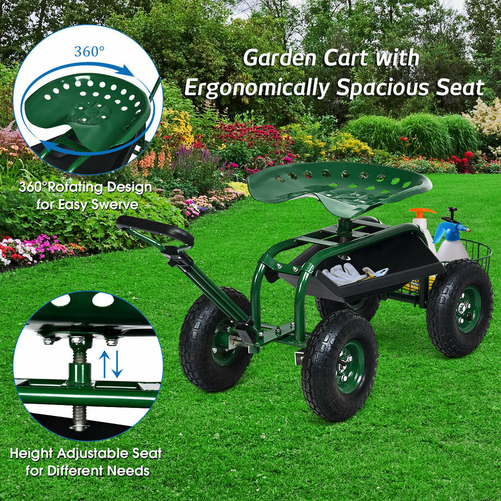 Garden Cart with 360 Swivel Seat & Tool Tray – Green