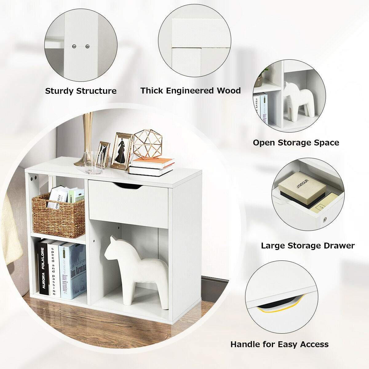 3-Cube Bookcase with Drawer & Shelves - White