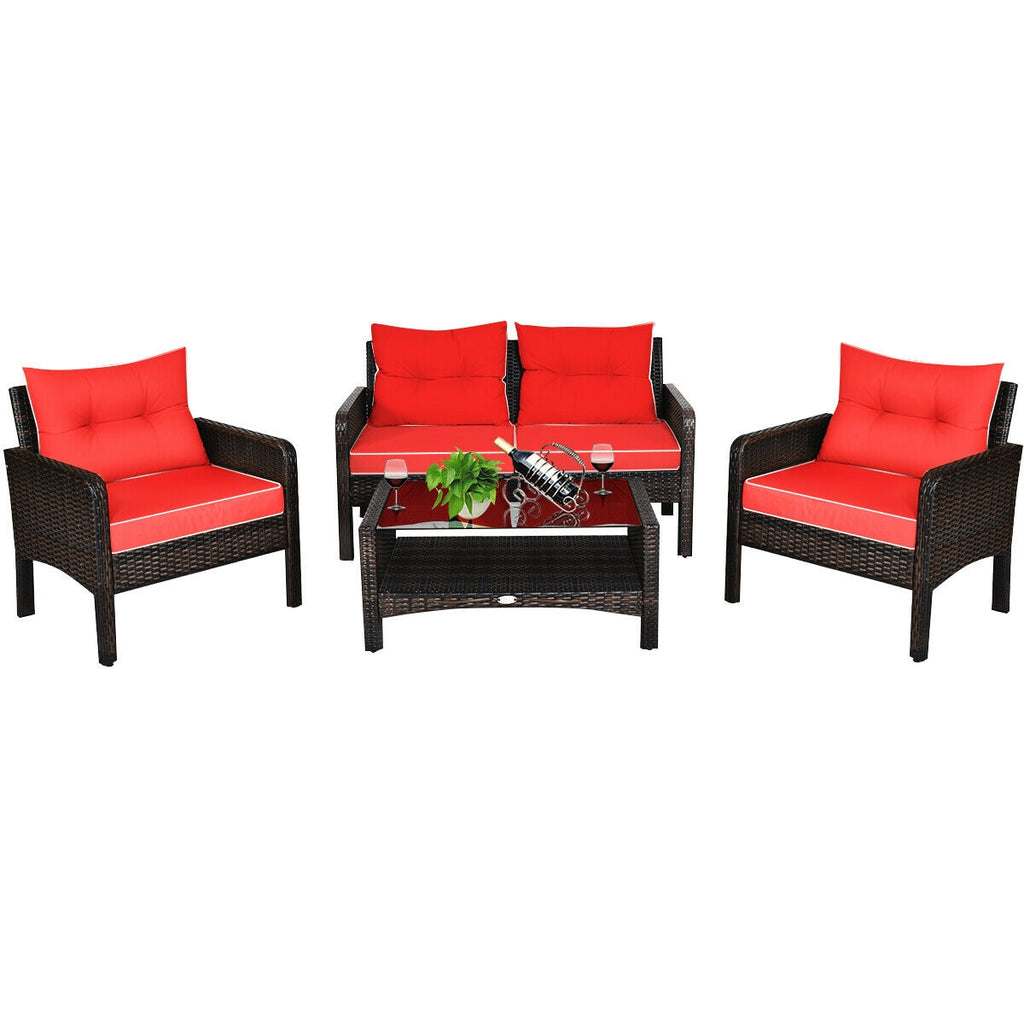 4-Piece Patio Rattan Sofa Set with Coffee Table - Red