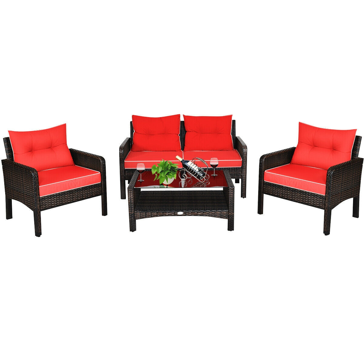 4-Piece Patio Rattan Sofa Set with Coffee Table - Red