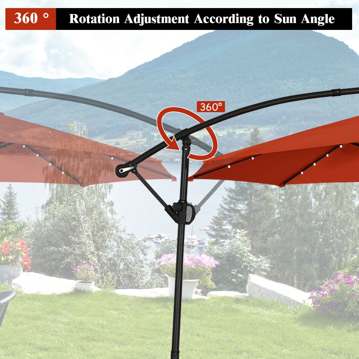 10 Feet 360° Rotation Solar Powered LED Patio Offset Umbrella without