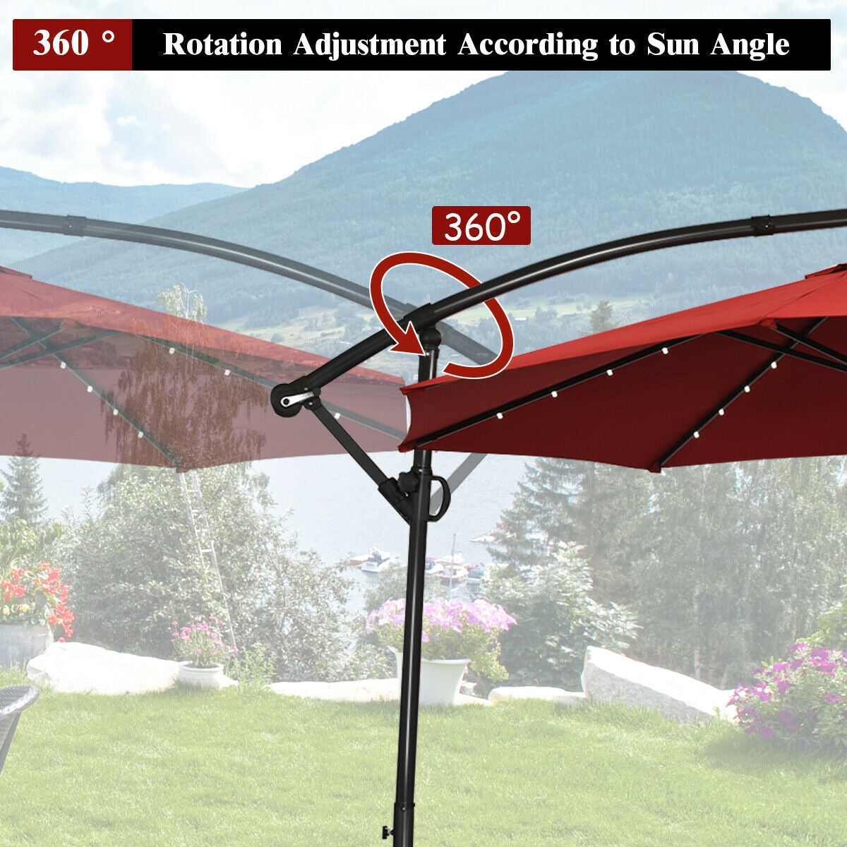 10 x 8 Feet Solar LED Patio Umbrella 360° Rotation, Dark Red