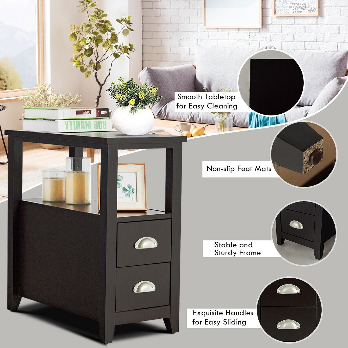 Rectangular Wooden Nightstand with 2 Drawers & Shelf, Dark Brown