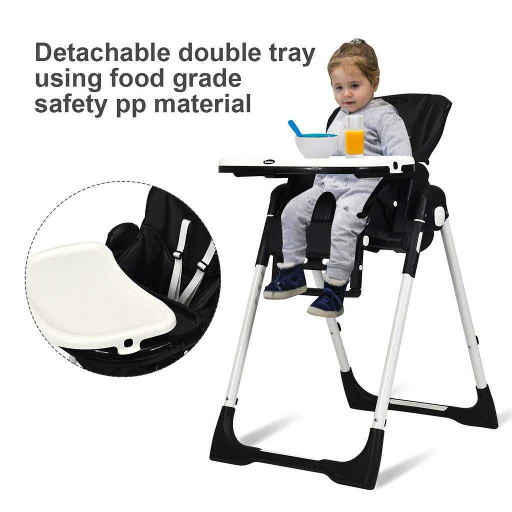 Foldable Baby High Chair with Adjustable Backrests & Safety Restraint - Black