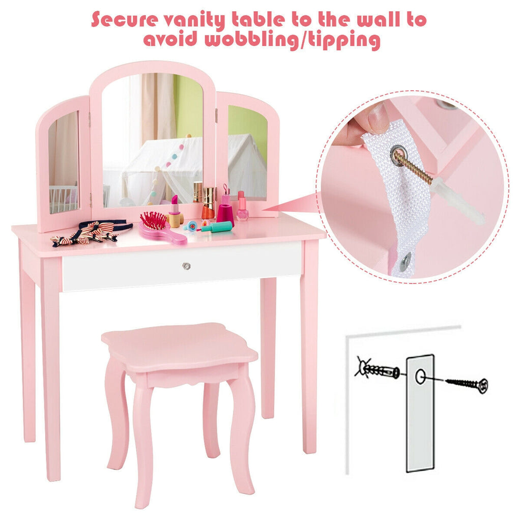 Kids Vanity Dressing Table with Tri-Fold Mirror and Chair - Pink, No Lights & Mirror