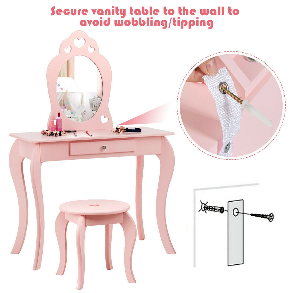 Kids Princess Makeup Dressing Play Table Set with Mirror - Pink