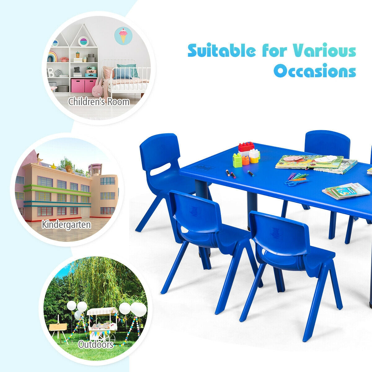Kids Plastic Stackable Classroom Chairs - Set of 6, Blue, Kid-Sized, Indoor & Outdoor Use