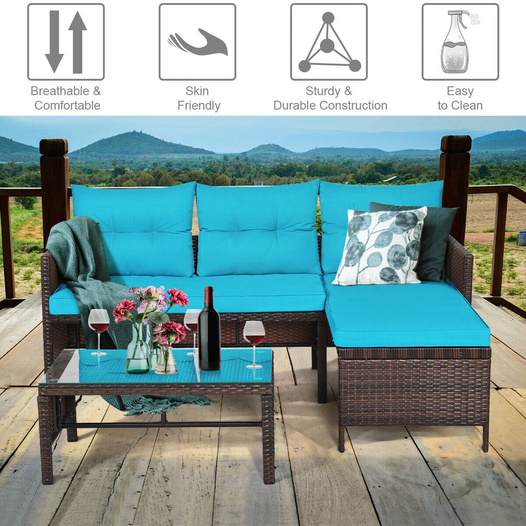 Outdoor Rattan Corner Sectional Sofa Set with Glass Table - Turquoise