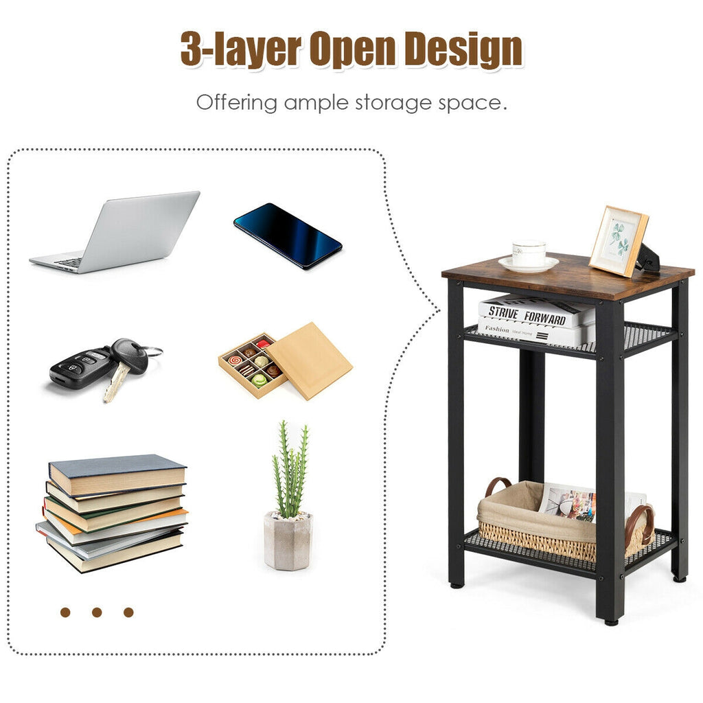 3-Tier Industrial End Table with Metal Mesh Shelves