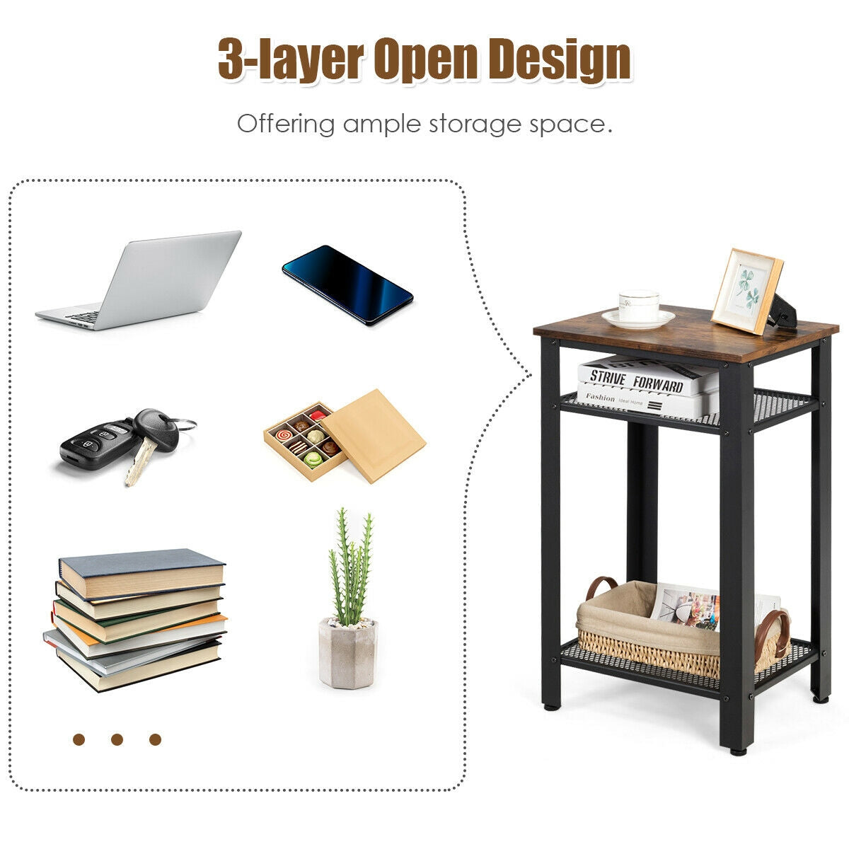 3-Tier Industrial End Table with Metal Mesh Shelves