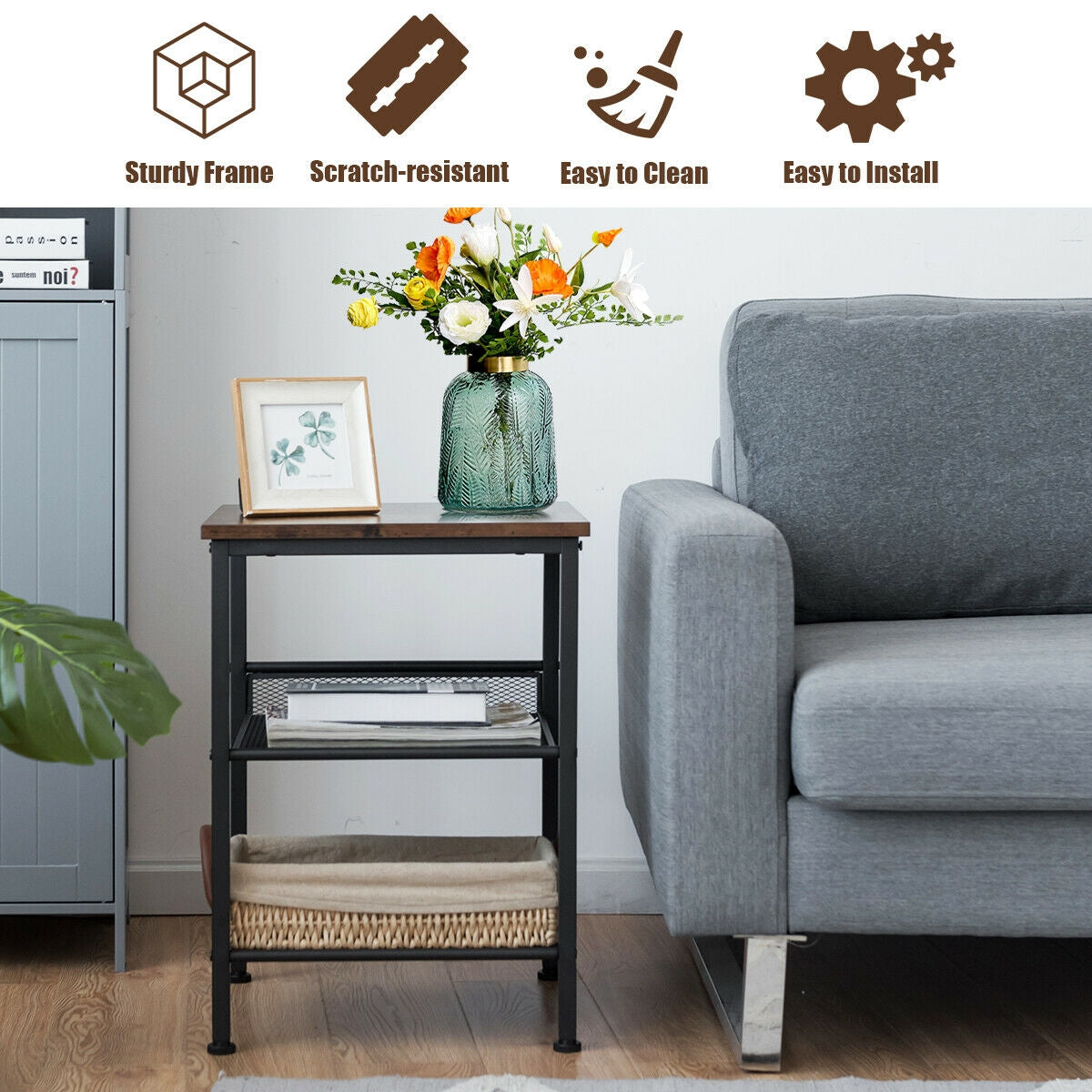 3-Tier Industrial End Table with Mesh Shelves – Adjustable